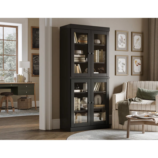 Veera 100% Solid Wood 6-Shelf Bookcase with Clear Glass Doors and Adjustable Shelves