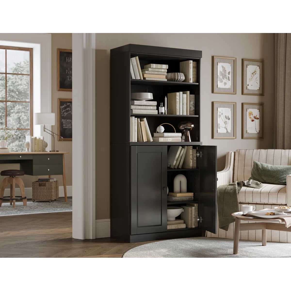 Victorya 100% Solid Wood 6-Shelf Bookcase with Solid Doors