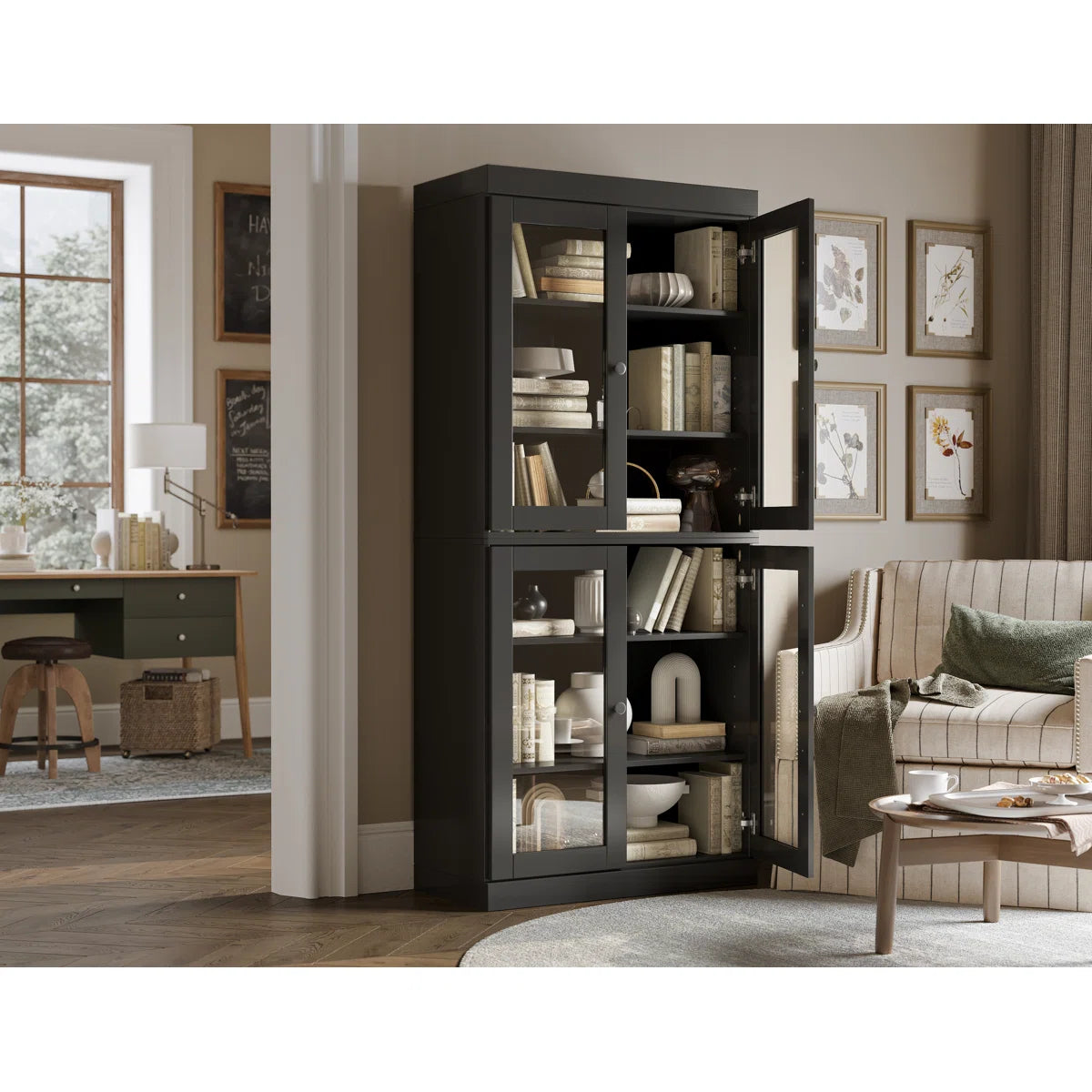 Veera 100% Solid Wood 6-Shelf Bookcase with Clear Glass Doors and Adjustable Shelves