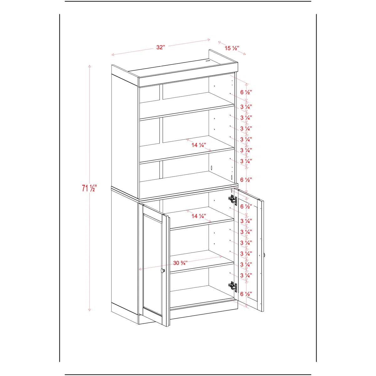 Victorya 100% Solid Wood 6-Shelf Bookcase with Solid Doors